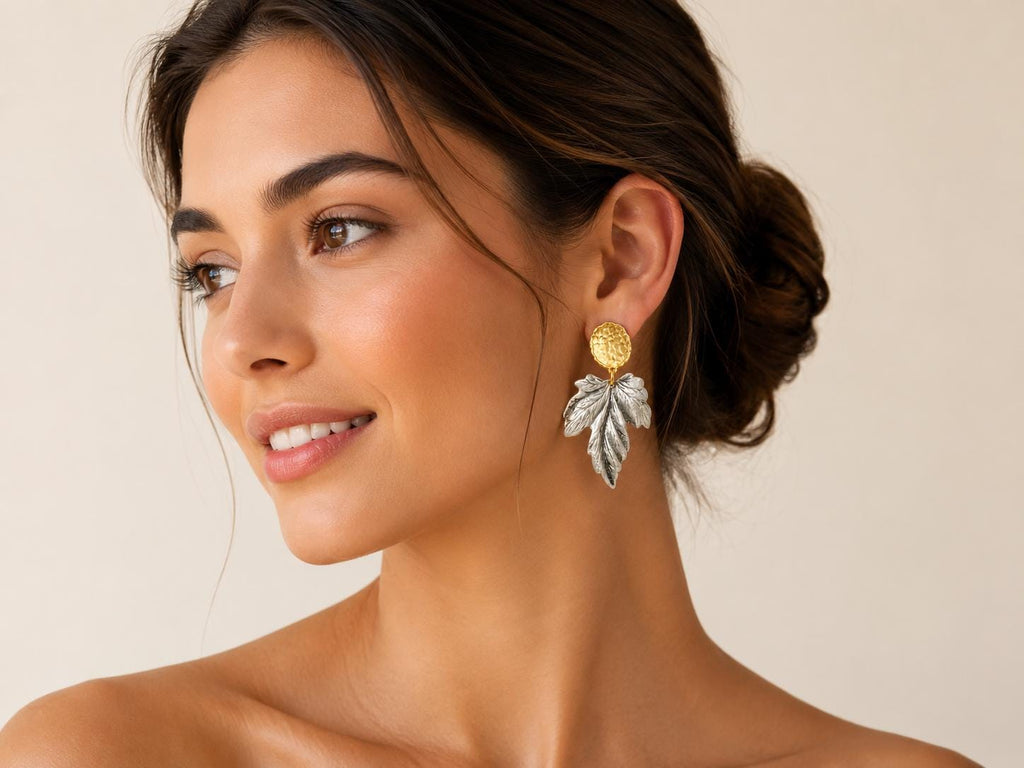 Mixed Metal Leaf Dangle Earrings, Hypoallergenic Turkish Brass Botanical Jewelry