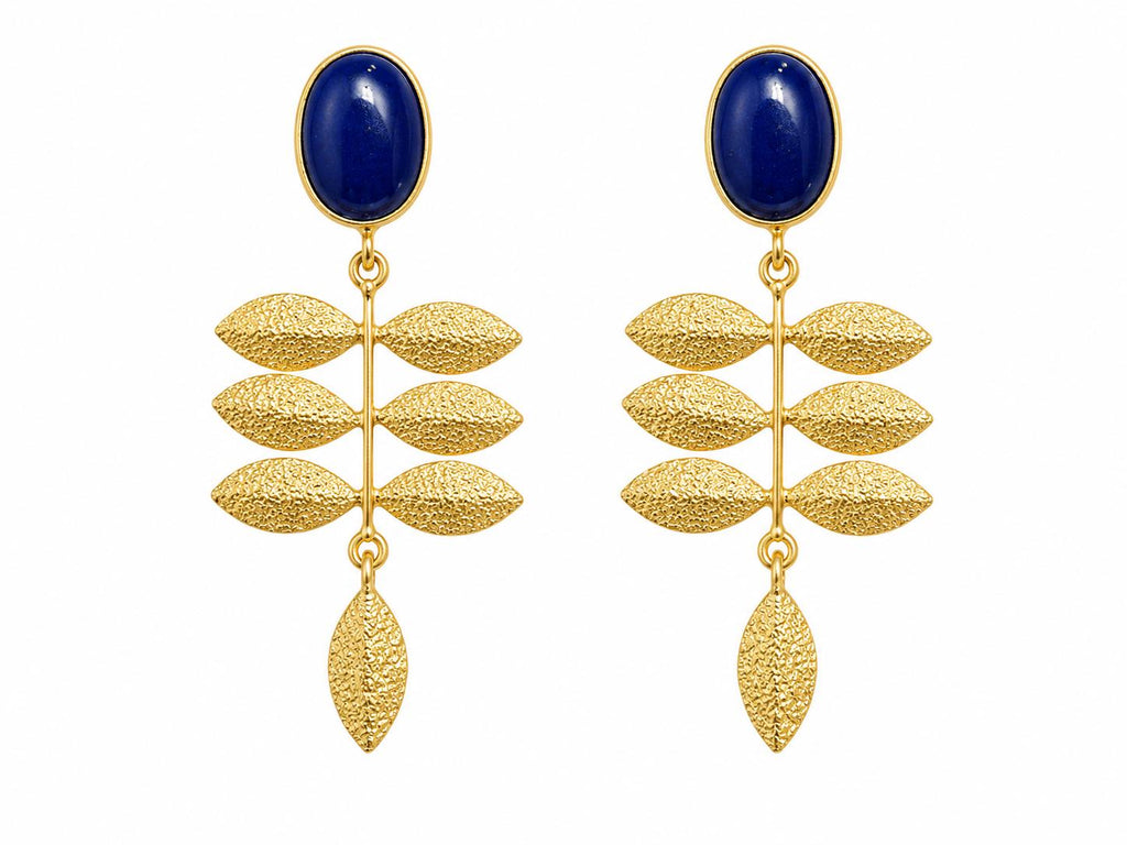 Blue Agate Leaf Earrings – Gold Plated Botanical Statement Jewelry