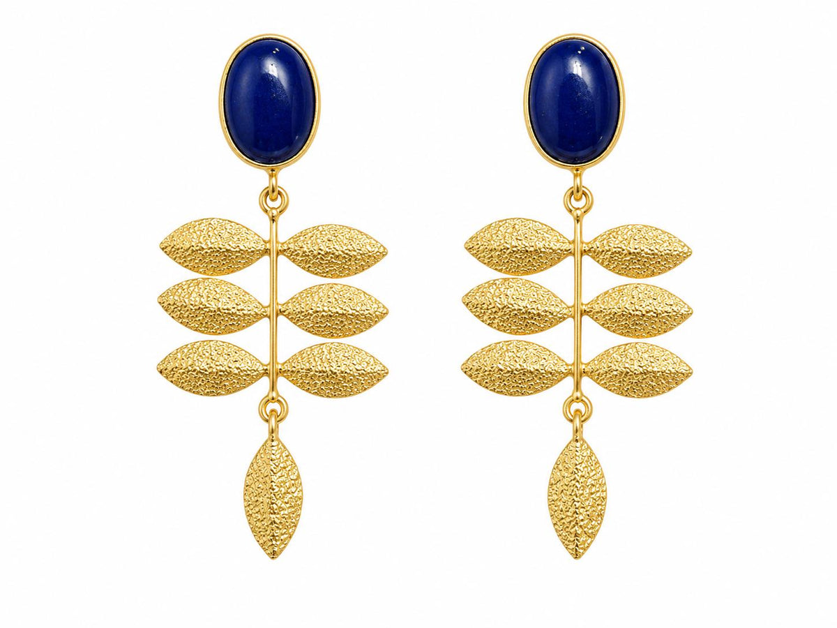 Blue Agate Leaf Earrings – Gold Plated Botanical Statement Jewelry