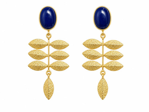 Blue Agate Leaf Earrings – Gold Plated Botanical Statement Jewelry