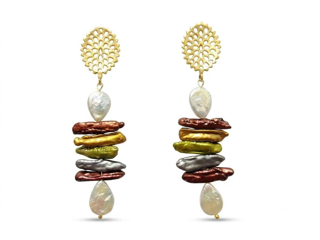 Multicolour Pearl Dangle Earrings - Gold Plated Brass - Hypoallergenic - Stud and Dangle Styles -