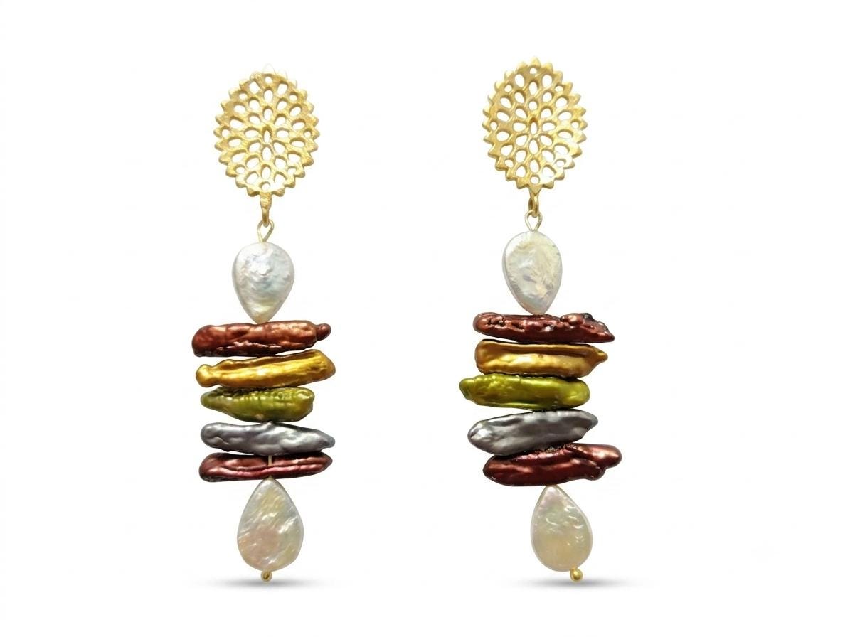 Multicolour Pearl Dangle Earrings - Gold Plated Brass - Hypoallergenic - Stud and Dangle Styles -
