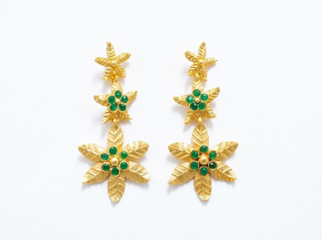 Gold Plated Bronze Ottoman Style Earrings with Green Agate – Lightweight Boho Statement Jewelry