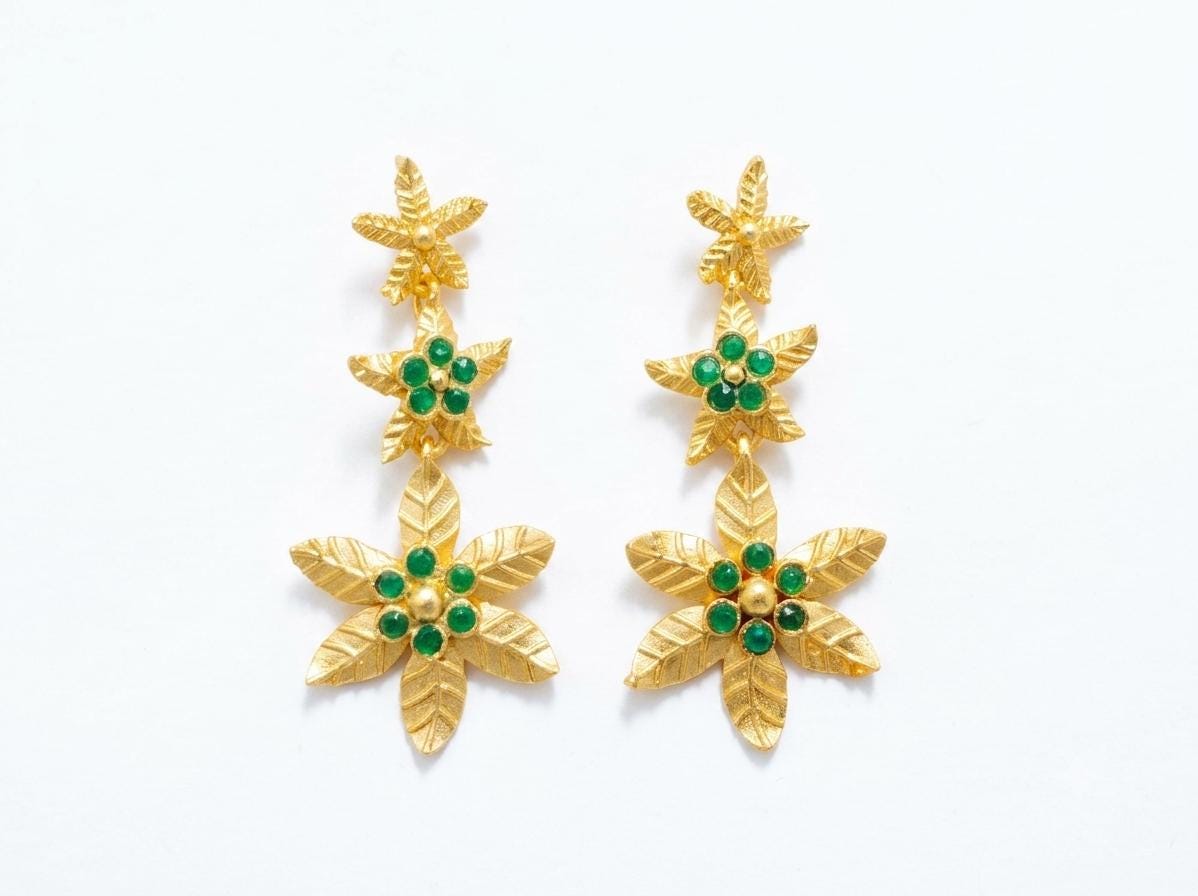 Gold Plated Bronze Ottoman Style Earrings with Green Agate – Lightweight Boho Statement Jewelry
