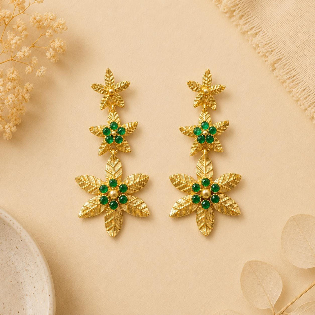Gold Plated Bronze Ottoman Style Earrings with Green Agate – Lightweight Boho Statement Jewelry