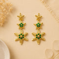 Gold Plated Bronze Ottoman Style Earrings with Green Agate – Lightweight Boho Statement Jewelry