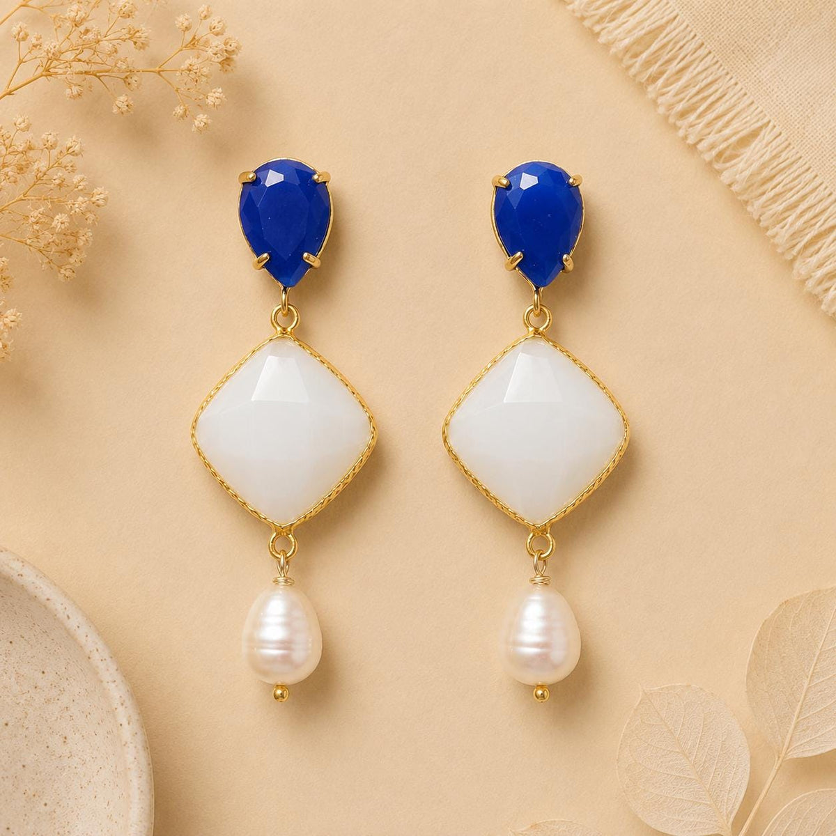 Gold Plated Dangle Earrings, Blue White Agate, Freshwater Pearls, Bridal Jewelry