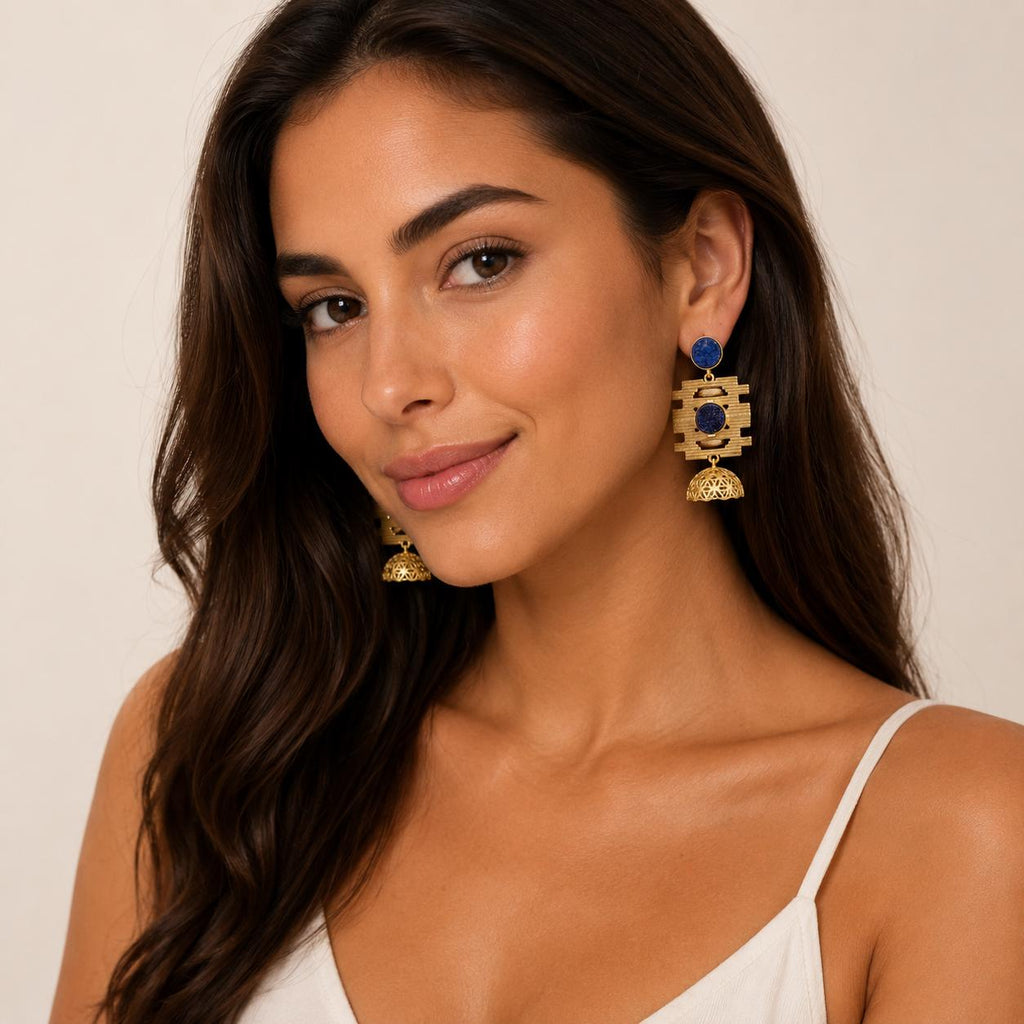 Hammered Gold Plated Jhumka Earrings – Blue Purple Druzy Chandelier Dangles