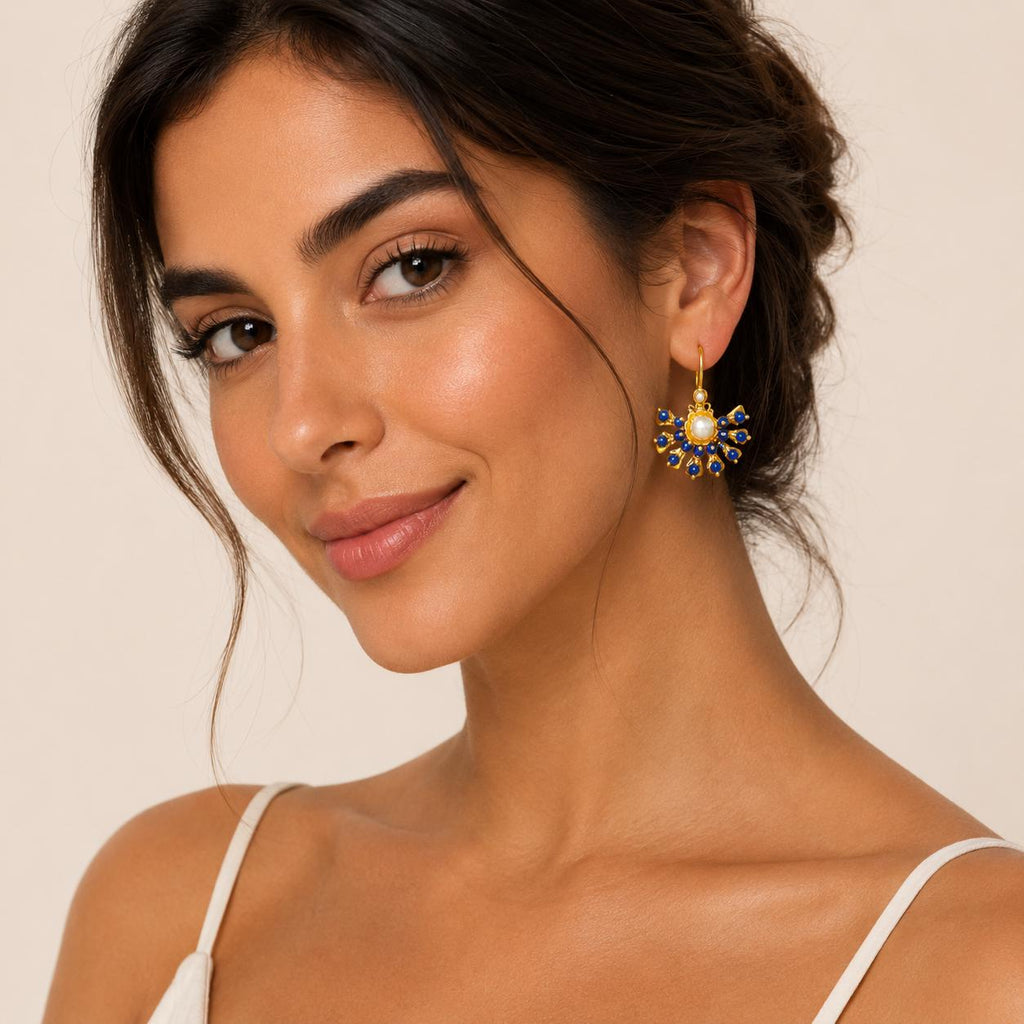 Ottoman Style Blue Agate Chandelier Earrings – Gold Plated Brass Dangle Hypoallergenic