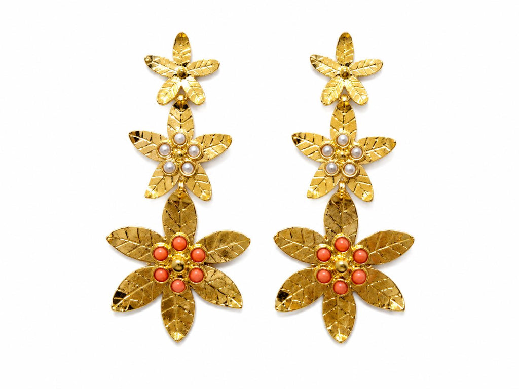 Gold Plated Coral Pearl Flower Earrings, Ottoman Style Bridal Earrings, Flamenco Statement Jewelry