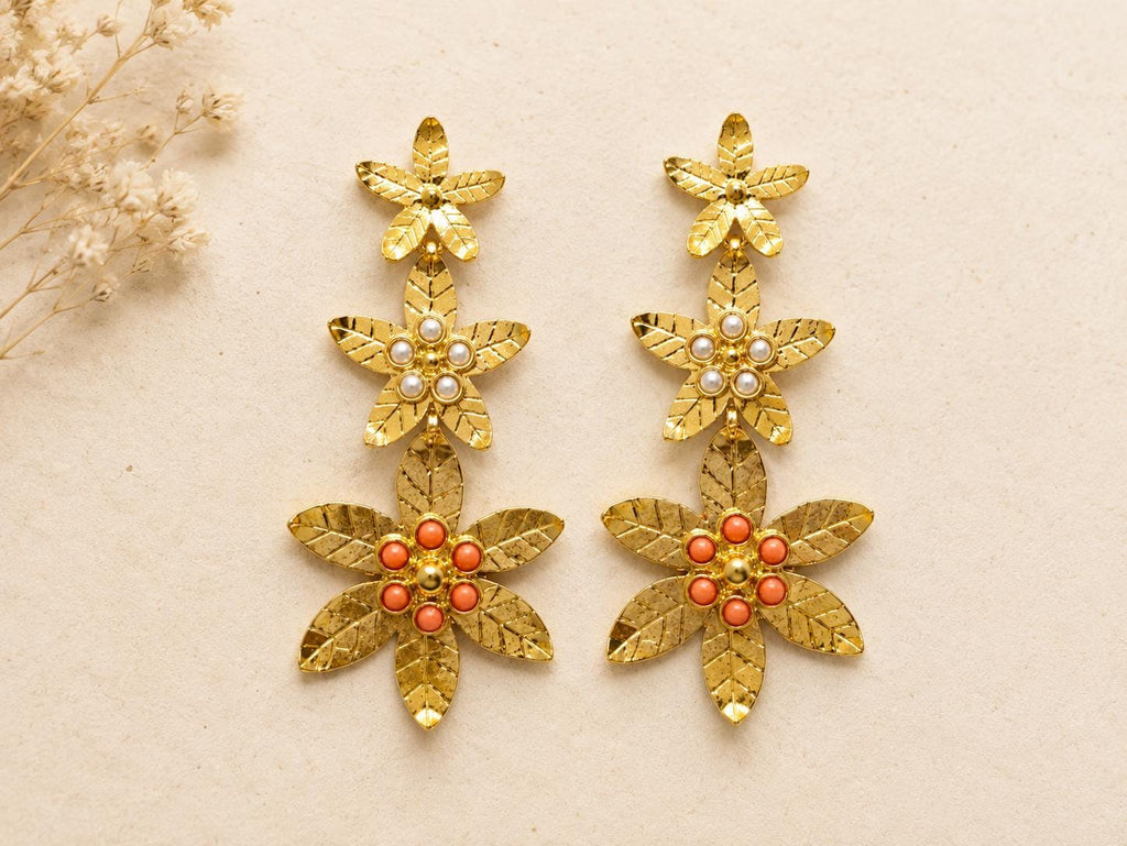 Gold Plated Coral Pearl Flower Earrings, Ottoman Style Bridal Earrings, Flamenco Statement Jewelry