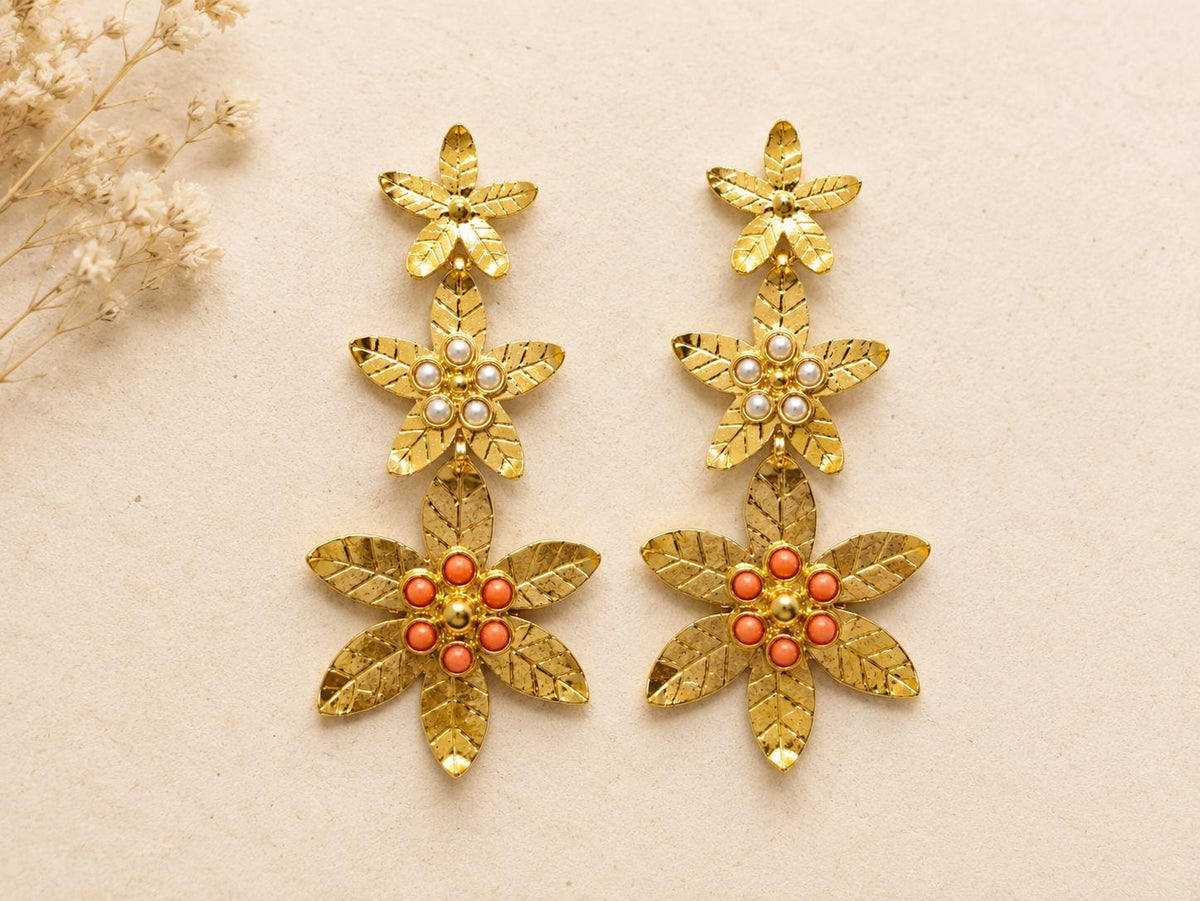 Gold Plated Coral Pearl Flower Earrings, Ottoman Style Bridal Earrings, Flamenco Statement Jewelry