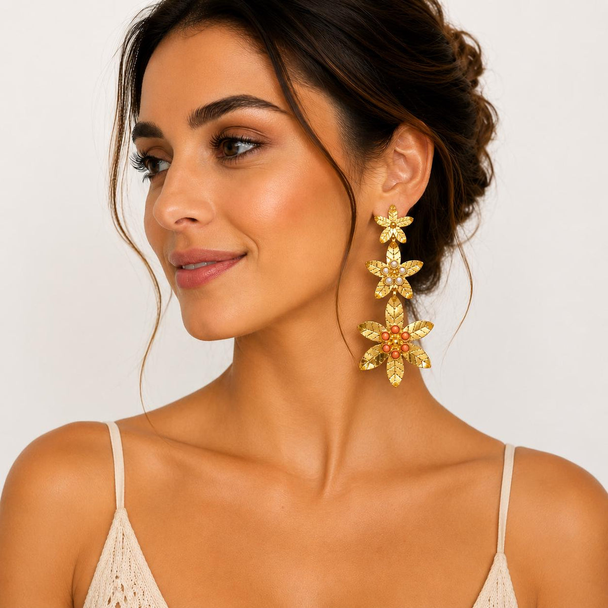 Gold Plated Coral Pearl Flower Earrings, Ottoman Style Bridal Earrings, Flamenco Statement Jewelry
