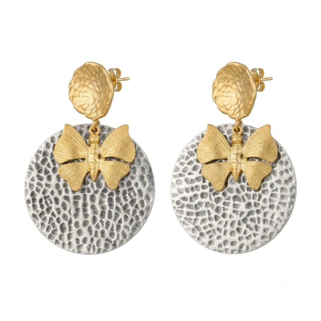 Hammered Disc Butterfly Dangle Earrings in Turkish Art Deco Style - Hypoallergenic, Gift Packaging Included