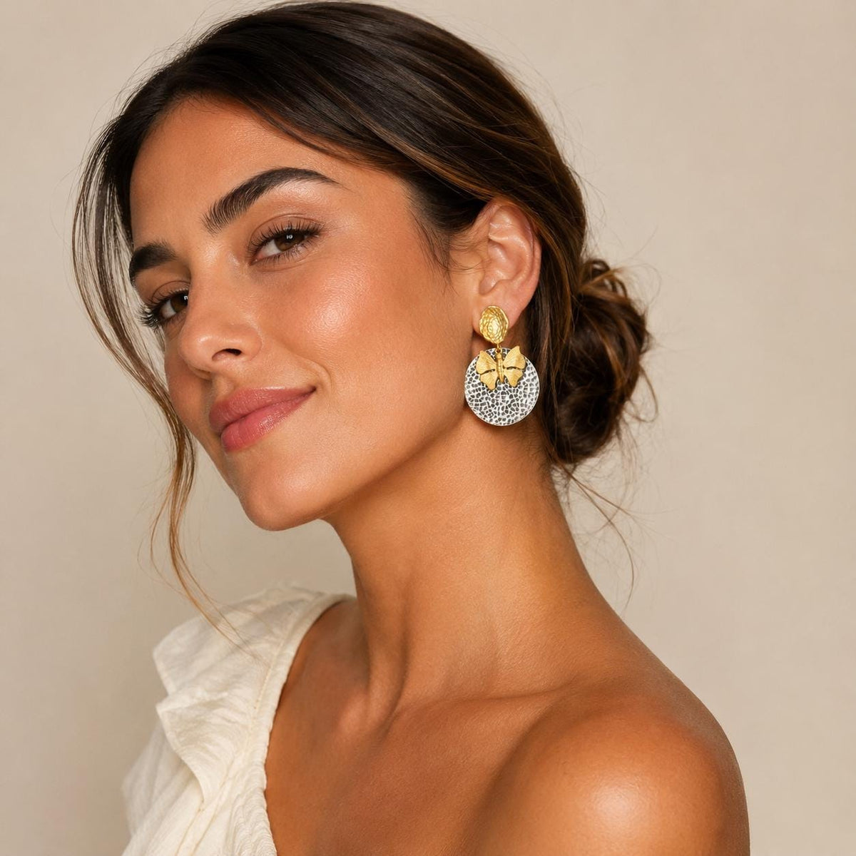 Hammered Disc Butterfly Dangle Earrings in Turkish Art Deco Style - Hypoallergenic, Gift Packaging Included
