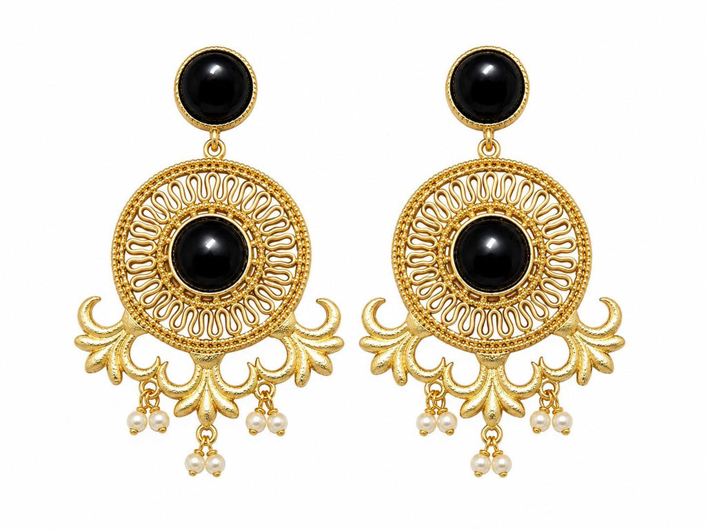 Gold Filigree Lotus Earrings with Black Onyx | Elegant Statement Pearl Jewelry | Gift for Her