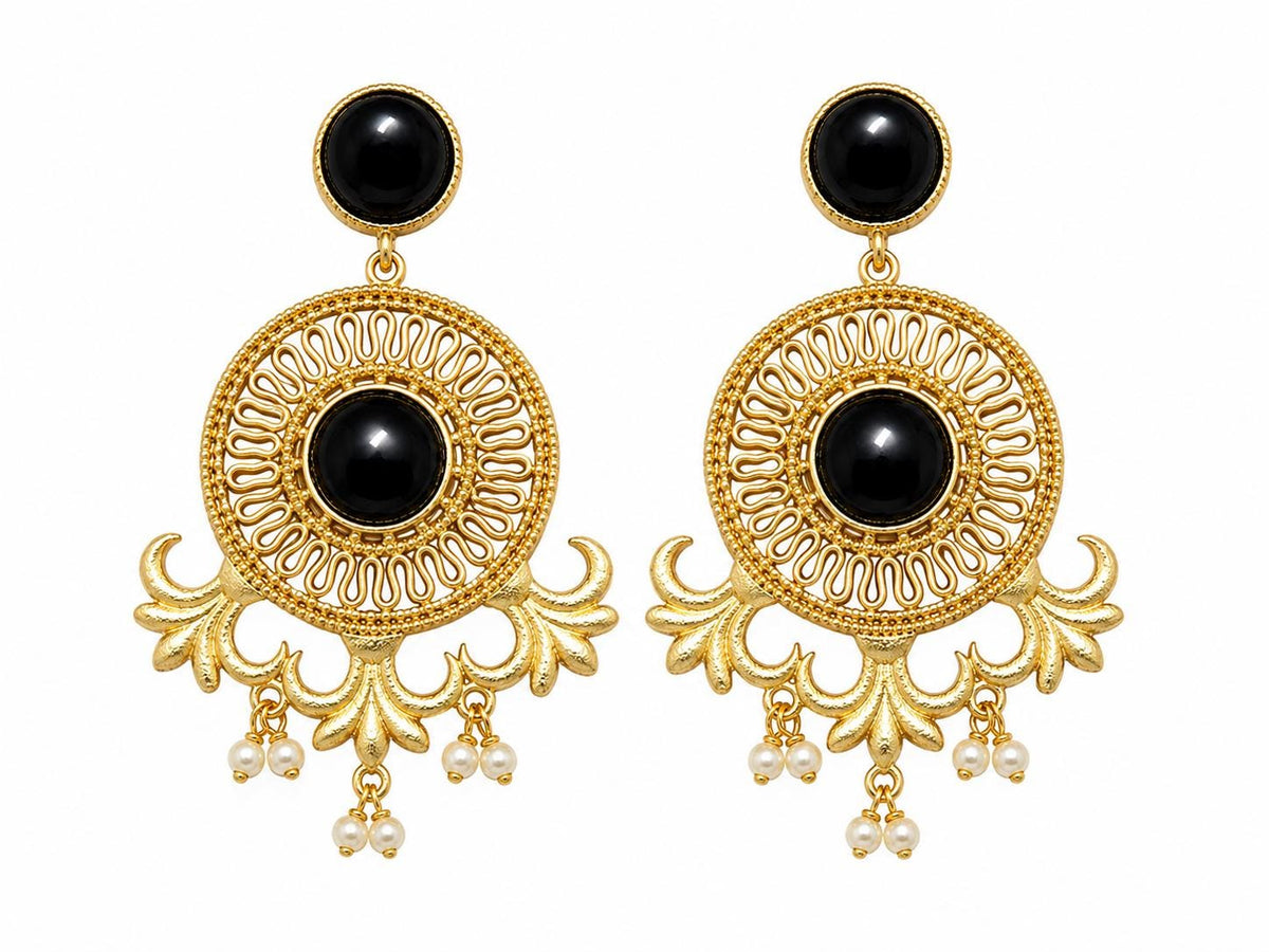 Gold Filigree Lotus Earrings with Black Onyx | Elegant Statement Pearl Jewelry | Gift for Her