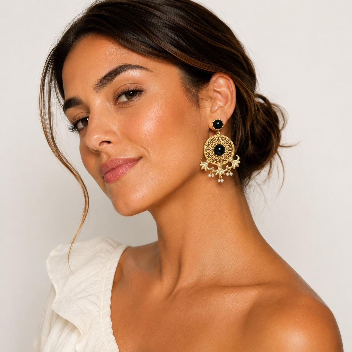 Gold Filigree Lotus Earrings with Black Onyx | Elegant Statement Pearl Jewelry | Gift for Her