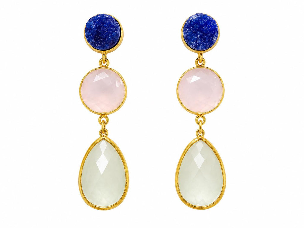 Gold Plated Gemstone Dangle Earrings, Blue Druzy, Rose Quartz, Cat Eye
