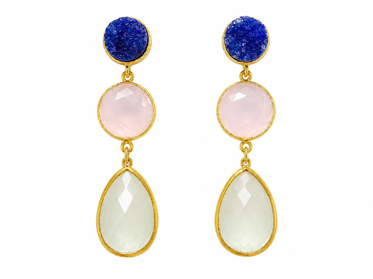 Gold Plated Gemstone Dangle Earrings, Blue Druzy, Rose Quartz, Cat Eye