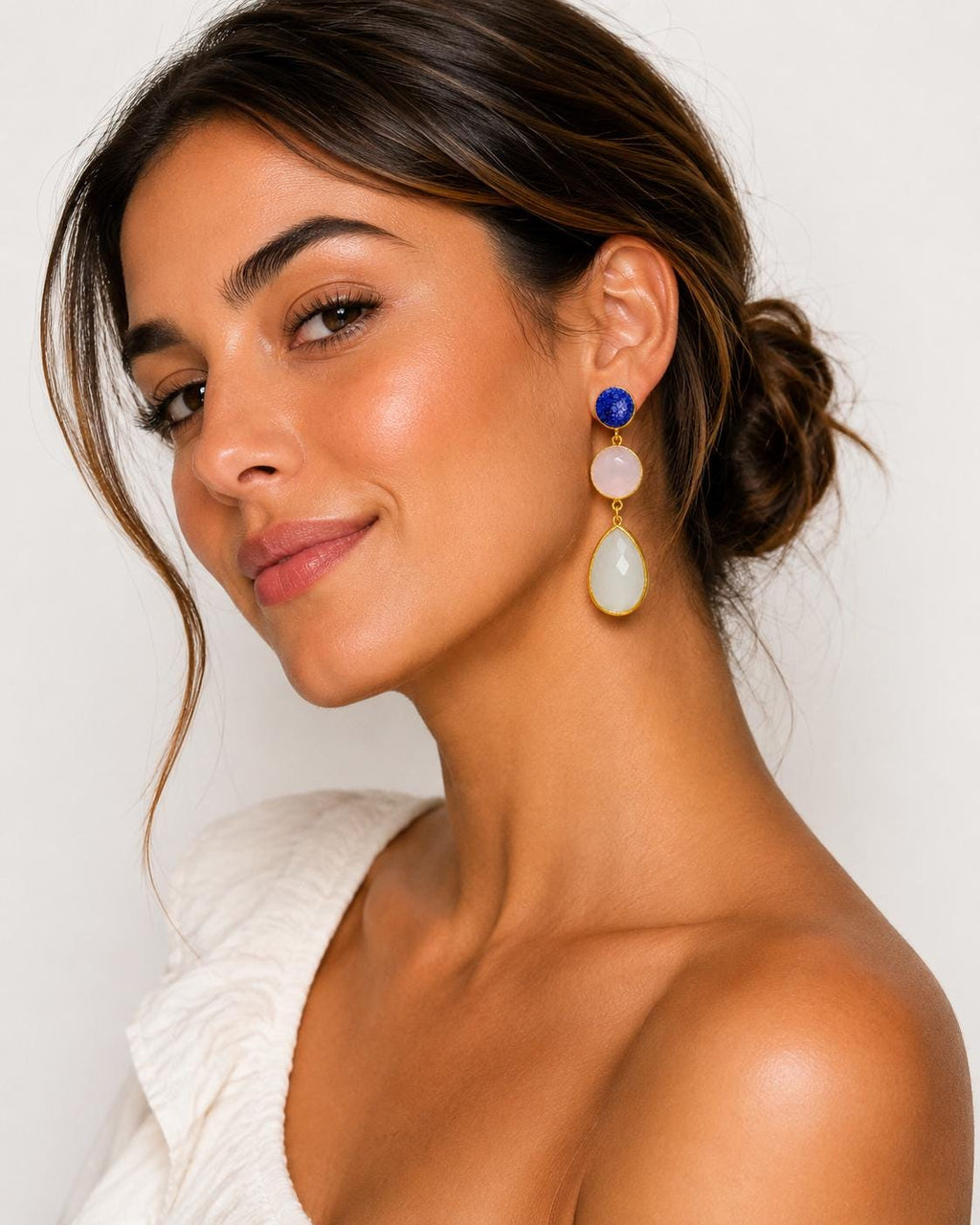 Gold Plated Gemstone Dangle Earrings, Blue Druzy, Rose Quartz, Cat Eye