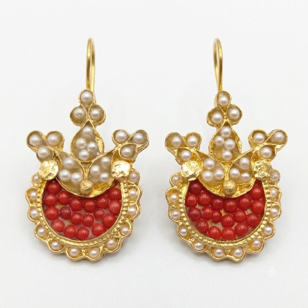 Turkish Chandelier Earrings with Red Coral Pearl Drops – Gold Plated Bridesmaid Jewelry