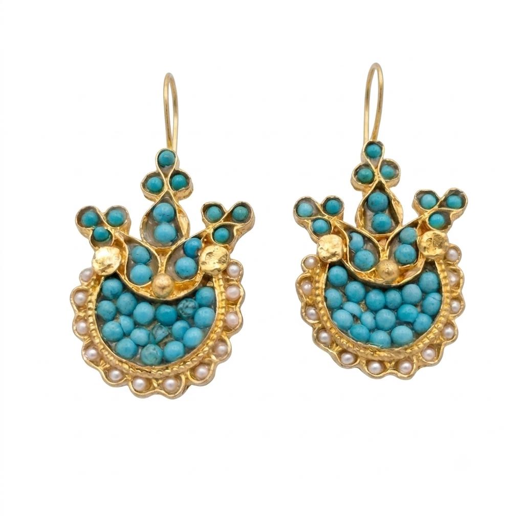 Gold Plated Turkish Tulip Earrings with Pearls, Turquoise – Ottoman Chandelier Style Bridal