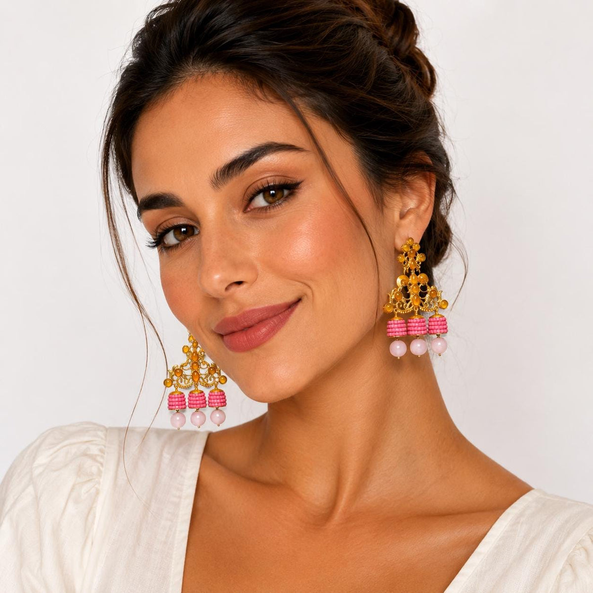 Gold-Plated Flamenco Earrings, Amber Agate, Rose Quartz, Acetate Bells, Hypoallergenic Brass